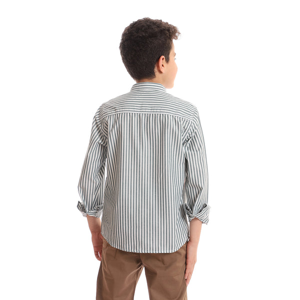 Striped Boys Shirt With Side Stitched Patch - Grey & White