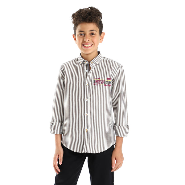 Striped Boys Shirt With Side Stitched Patch - Grey & White