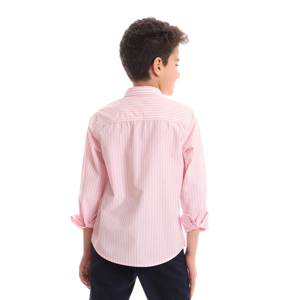 Striped Full Sleeves Boys Shirt With Side Stitched Patch - Rose & White