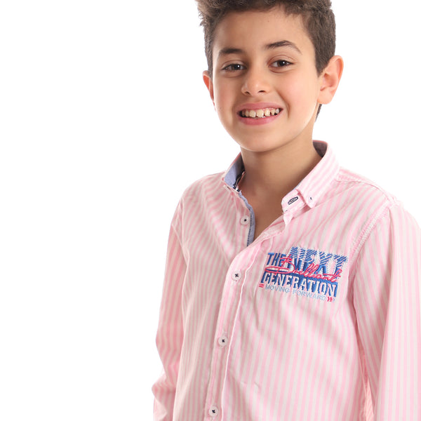 Striped Full Sleeves Boys Shirt With Side Stitched Patch - Rose & White