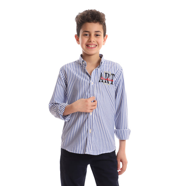 Chest Stitched Patch Classic Neck Boys Shirt - Navy Blue & White