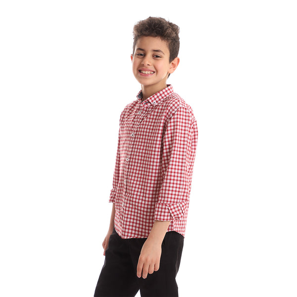 Boys Full Sleeves Cotton Buttoned Shirt - Red & White
