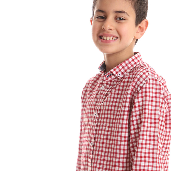 قميص قطن للأولاد بأزرار - أحمر وأبيض
