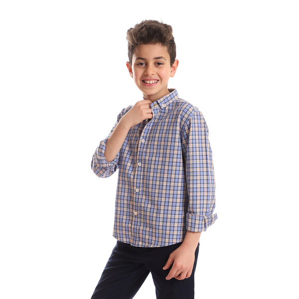 Tartan Boys Classic Neck Boys Shirt - Light Blue, Orange & Black