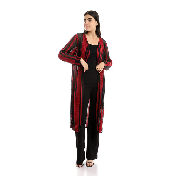 Striped Bi-Tone Full Sleeves Long Cardiagn - Red & Black
