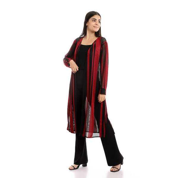 Striped Bi-Tone Full Sleeves Long Cardiagn - Red & Black