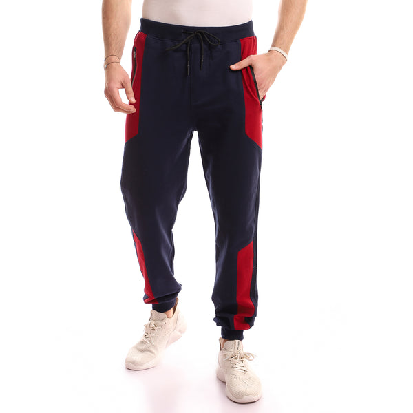 Adjustable Drawstring Bi-Tone Joggers - Navy Blue & Blood Red