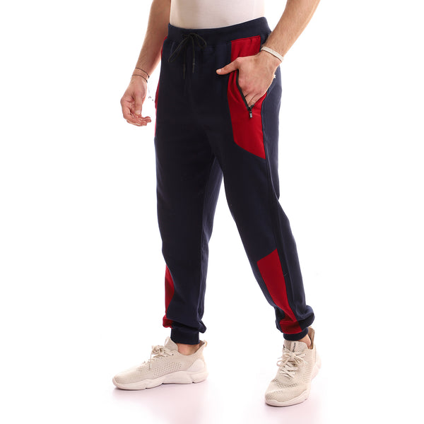 Adjustable Drawstring Bi-Tone Joggers - Navy Blue & Blood Red