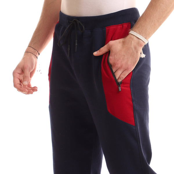 Adjustable Drawstring Bi-Tone Joggers - Navy Blue & Blood Red