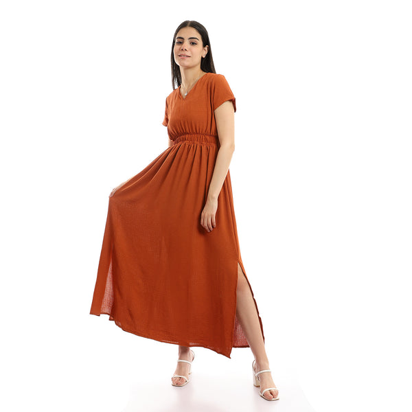 Side Slits Cap Sleeves Dress - Burnt Orange