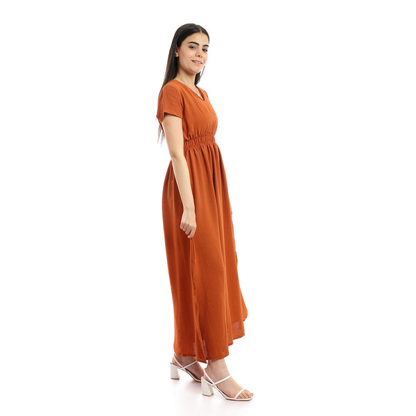 Side Slits Cap Sleeves Dress - Burnt Orange
