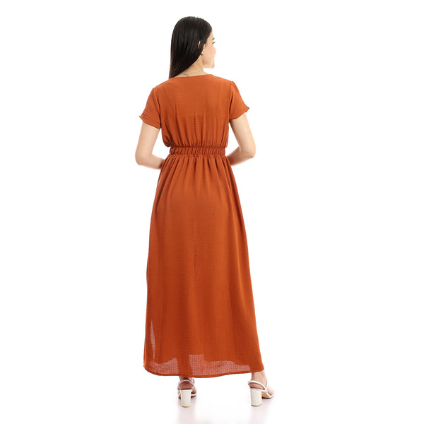 Side Slits Cap Sleeves Dress - Burnt Orange