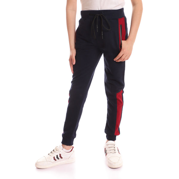 Comfy Sweatpants With Side Zipper Pockets - Navy Blue & Red