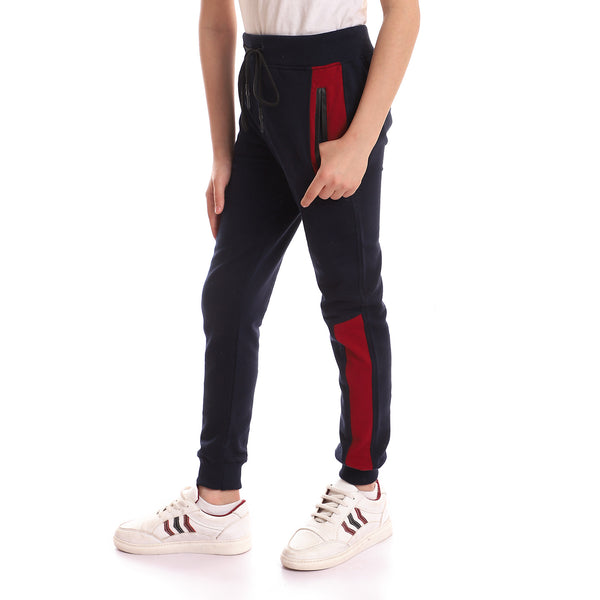 Comfy Sweatpants With Side Zipper Pockets - Navy Blue & Red