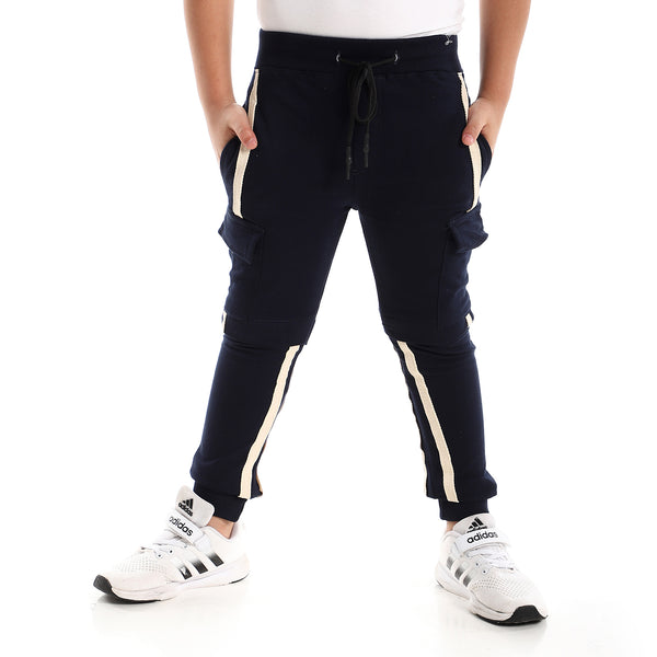 Double Strips Knee Pockets Navy Blue & White Sweatpants