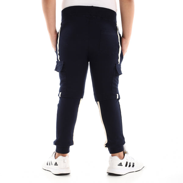 Double Strips Knee Pockets Navy Blue & White Sweatpants