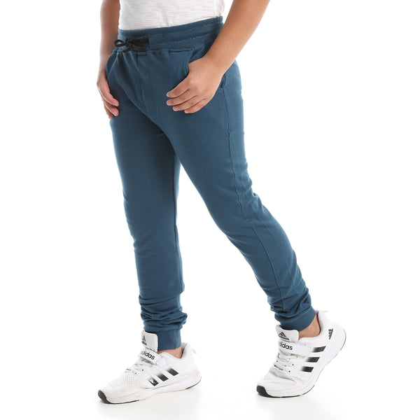 Boys Solid Elastic Waist Pants with Adjustable Drawstrings - Teal Blue