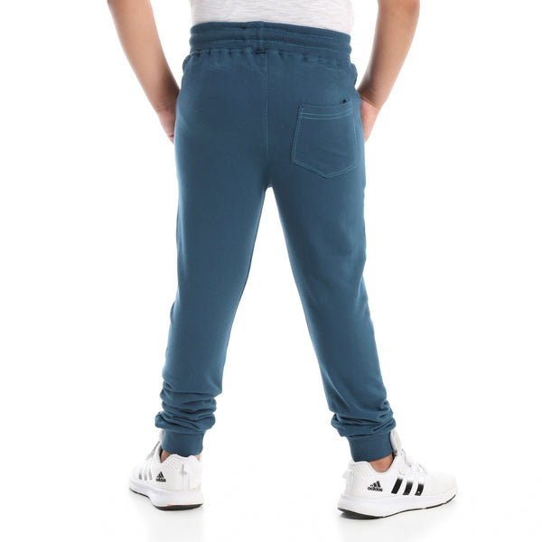 Boys Solid Elastic Waist Pants with Adjustable Drawstrings - Teal Blue