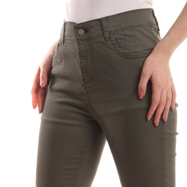 Classic Length Gabardine Plain Olive Pants