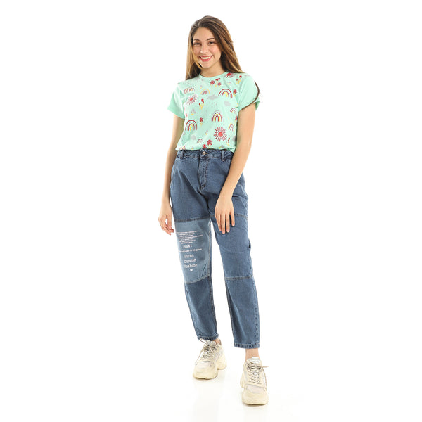 Standard Blue Front Printed Casual Mom Fit Jeans
