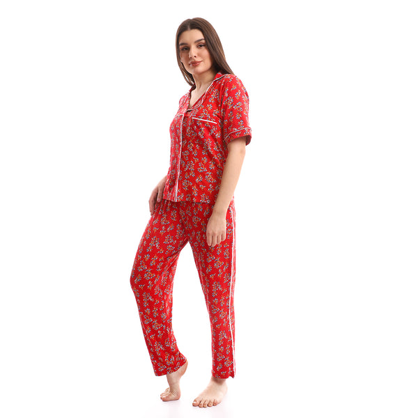 Red, Baby Blue & White Self Patterned Pajama