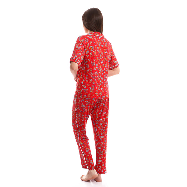 Red, Baby Blue & White Self Patterned Pajama
