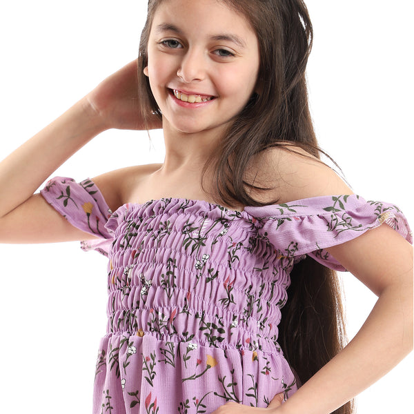 Gathered Chest Lavendar, Green & Yellow Dress