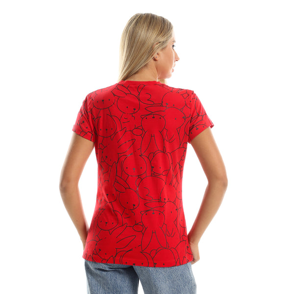 Printed Short Sleeved Cotton Shirt - Red & Black