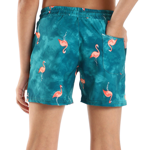 Flamingo Summer Elastic Waist Swim Short - Green & Orange