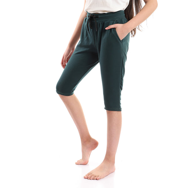 Elastic Waist Plain Dark Green Girls Pantacourt