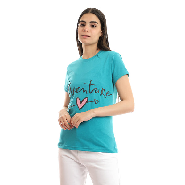Teal Green Slip On "Adventure" Printed T-Shirt