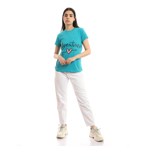 Teal Green Slip On "Adventure" Printed T-Shirt