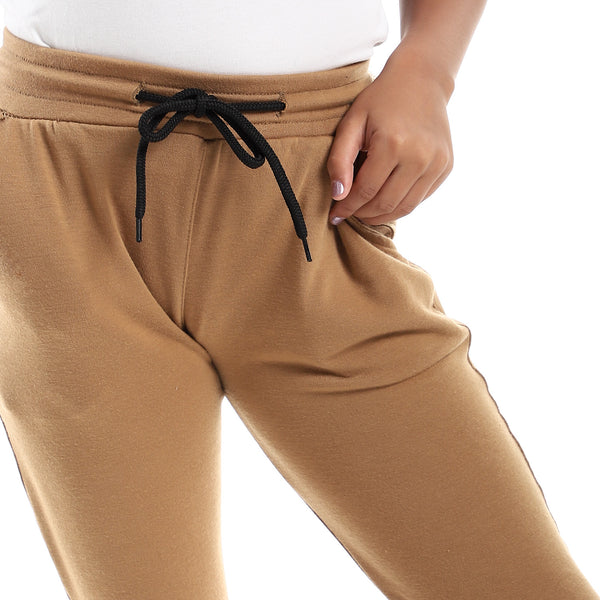 Side Pockets Plain Cotton Camel Pantacourt