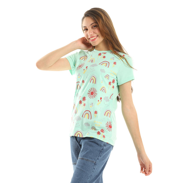 "Ca Va Bien Aller" PrintedSummer T-Shirt - Light Mint