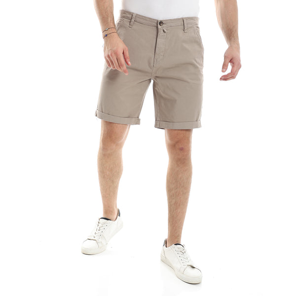 Gabardine Fly Zip Button Plain Short - Dark Beige