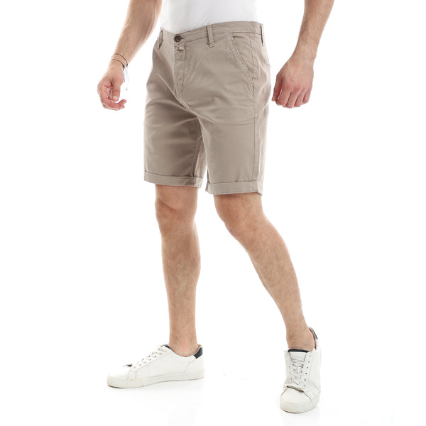 Gabardine Fly Zip Button Plain Short - Dark Beige