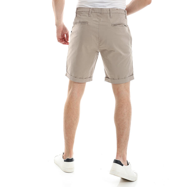 Gabardine Fly Zip Button Plain Short - Dark Beige