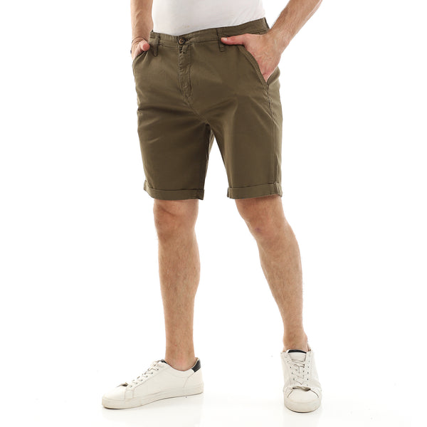 Gabardine Fly Zip Button Plain Short - Olive