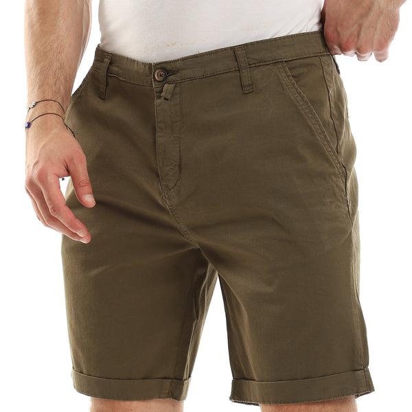 Gabardine Fly Zip Button Plain Short - Olive