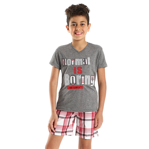 Boys V-Neck Cotton Pajama Short Set - Dark Grey & Red
