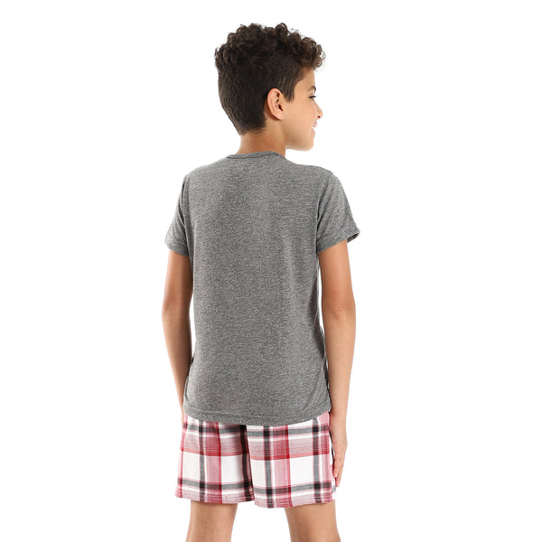 Boys V-Neck Cotton Pajama Short Set - Dark Grey & Red