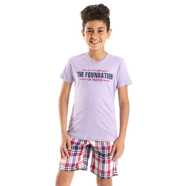 Boys Plaids Patterned Short Pyjama Set - Lavender & Dark Fuchsia