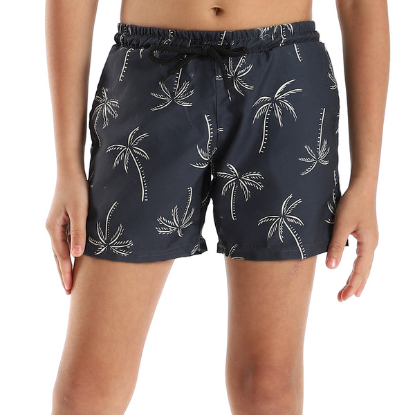 Boys Self Pattern Elastic Waist Swim Short - Olive & Beige