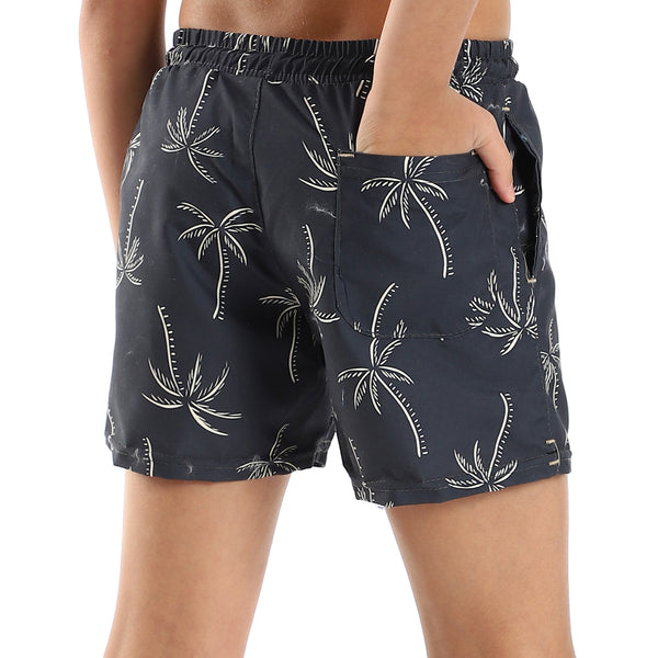 Boys Self Pattern Elastic Waist Swim Short - Olive & Beige