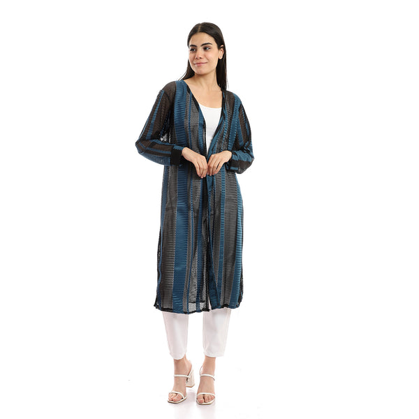Striped Bi-Tone Full Sleeves Long Cardiagn - Teal & Yellow