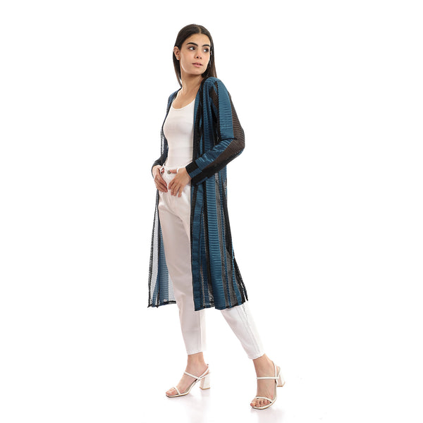 Striped Bi-Tone Full Sleeves Long Cardiagn - Teal & Yellow