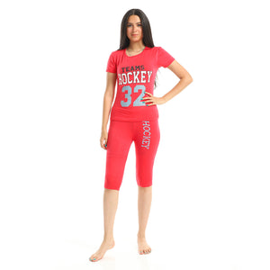 Soft Pantacourt Pajama Set with Chest Print - Red