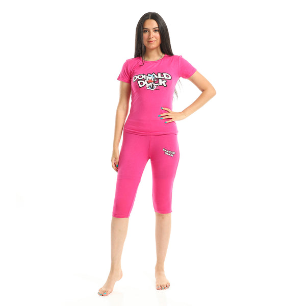 "Donald Duck" Printed Lightweight Pantacourt Pajama Set - Hot Pink