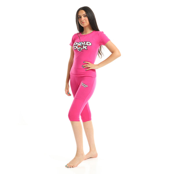 "Donald Duck" Printed Lightweight Pantacourt Pajama Set - Hot Pink