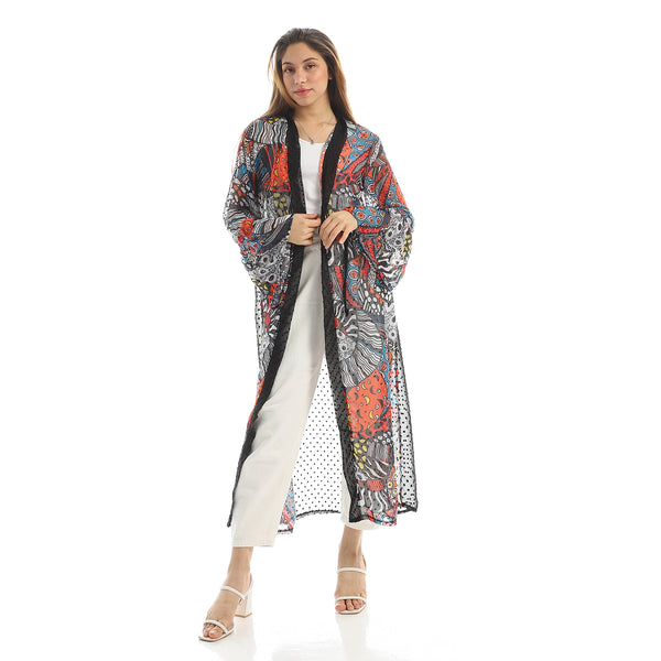 Sheer Patterned Slip On Summer Kimono - Black & Orange